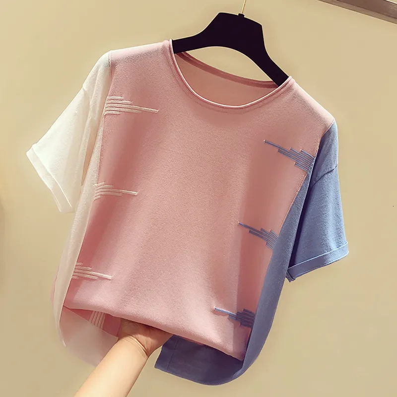Женская футболка Shintimes Розовая вязаная футболка Женщины летние тонкие футболки Женская детская одежда одежда одежда