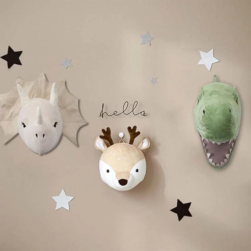 Plush Wall Stuff Ins Nordic Animal Head Dinosaur Wall Decor Elephant Deer Hanging Mount fylld Animal Plush Toy Princess Doll Nursery Room 230802