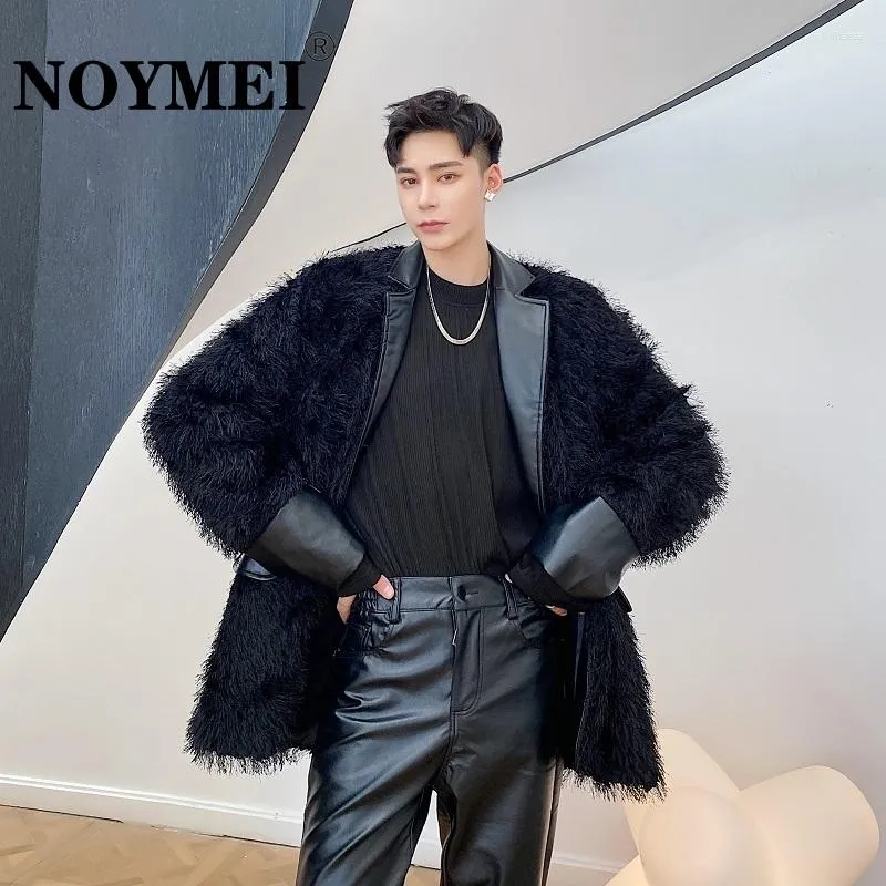 Men's Jackets NOYMEI Jacket Patchwork Hair PU Leather Temperament Black Lapel Korean Style Thicken Coat Autumn Male Top WA2212