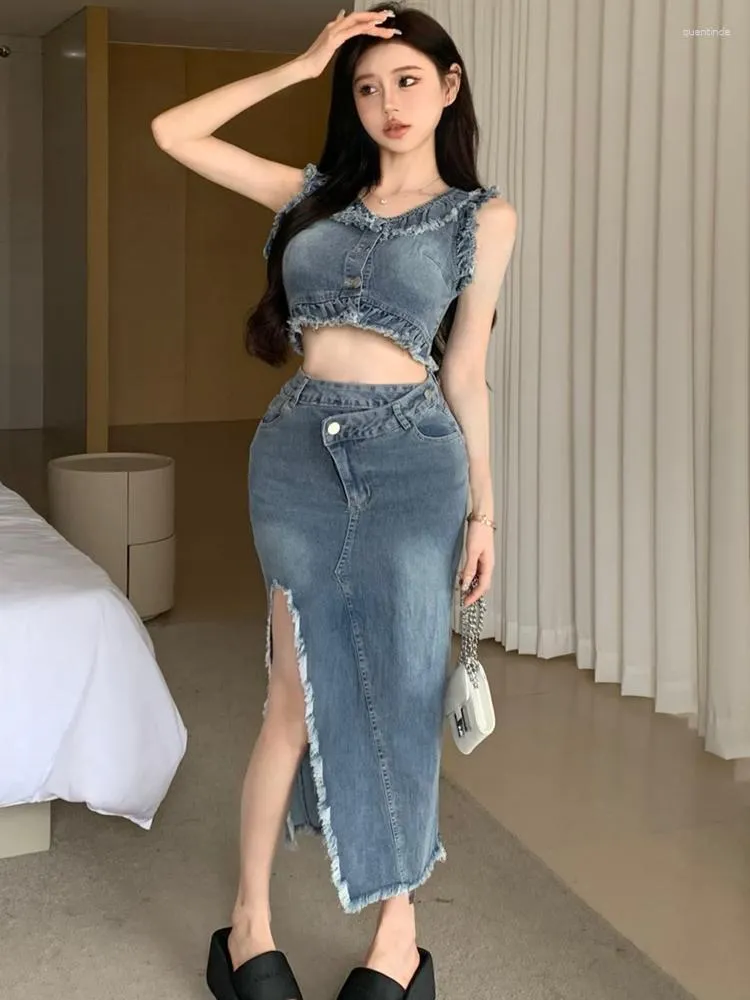 Werk Jurken 2023 Koreaanse Chic Mode 2 Stuk Sets Voor Vrouwen Denim Mouwloos Vest Top Hoge Taille Sexy Split Bodycon rokken Dames Outfits