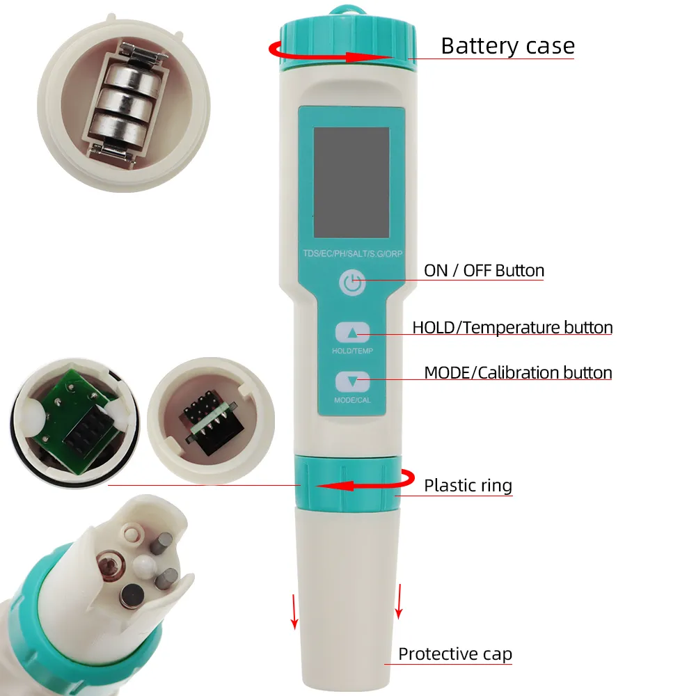 misuratore pH 5 in 1 con TDS EC Salinità Temperatura Tester multifunzionale  impermeabile di alta precisione Calibrazione automatica Compensazione della  temperatura phmetro piscina digitale 