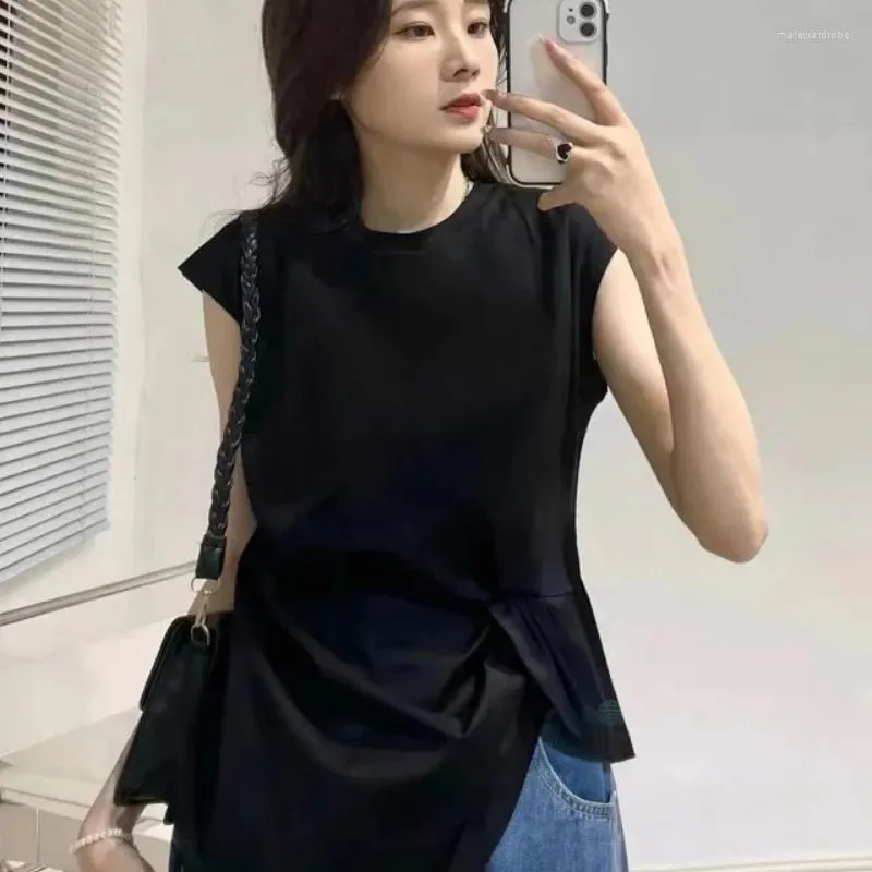 Women's T Shirts 2023 Summer Black Kink Asymmetric Triacetate Top T-shirt Women