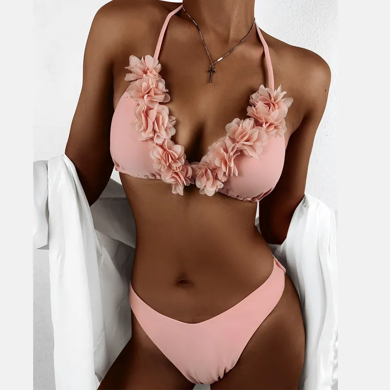 Women's Swimwear Floral Strap Swimsuit Set Summer Fashion Sexy Backless Split High Waist Bikini Flower Beachwear Pink 230802