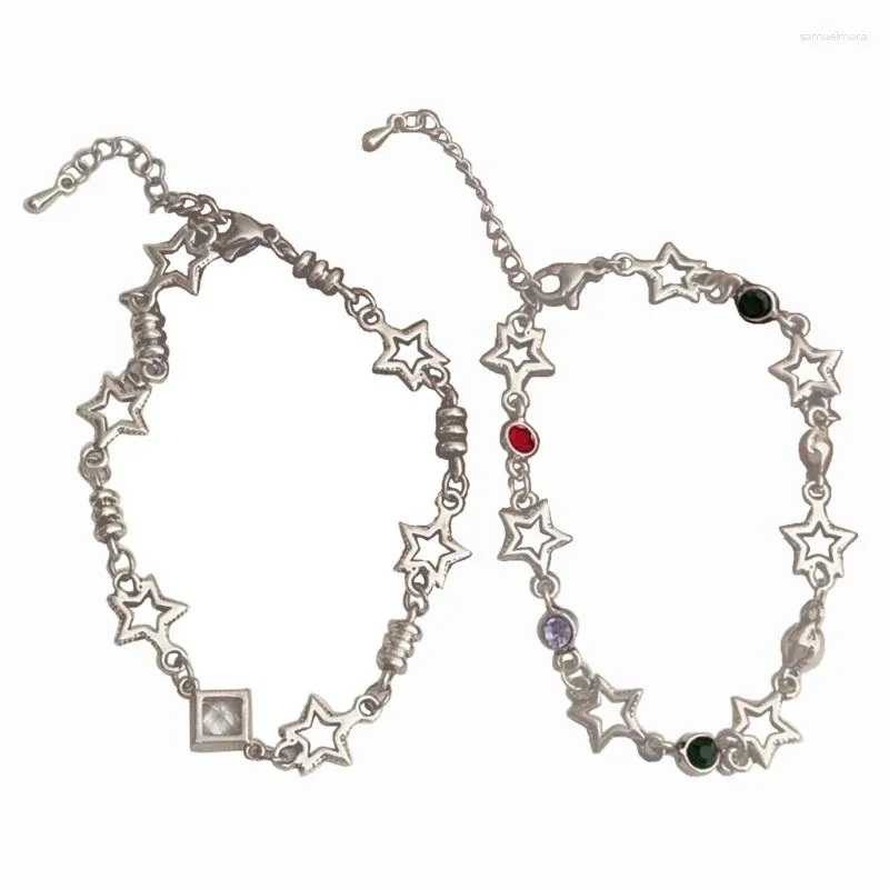 Y2K Silver Five Pointed Star Link Boho Bracelets With Zircon