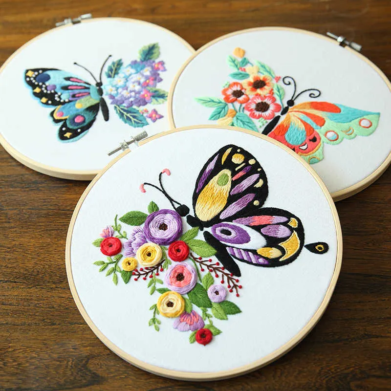 Chinese Style Products Batterfly DIY Embroidery Flower Printed Pattern for Beginner Cross Stitch Set Needlework Hoop Handmade Sewing Art Craft