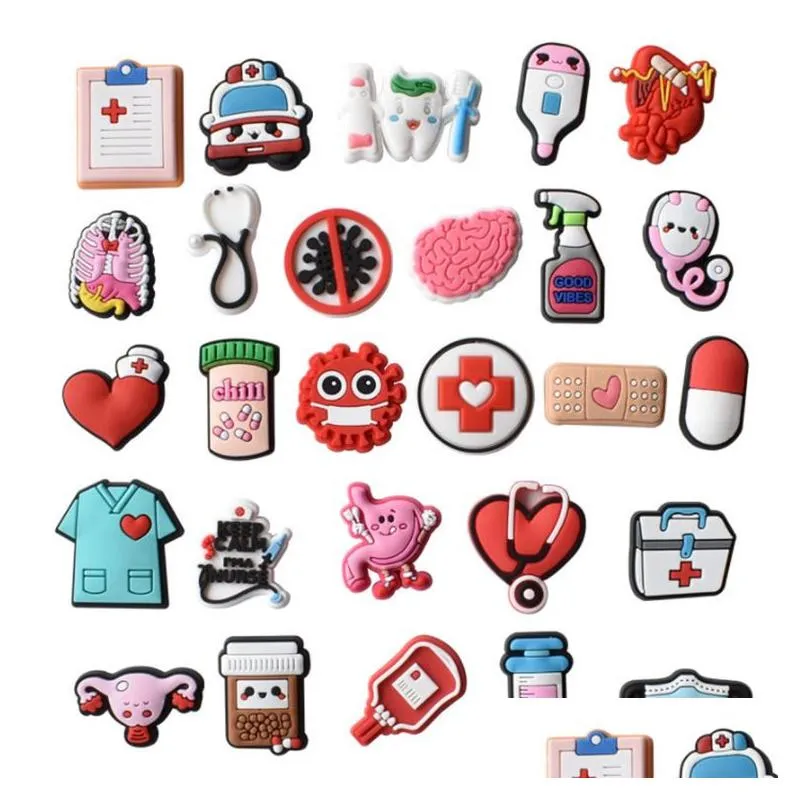 Pièces de chaussures Accessoires Clog Charms Hospital Medicine Supplies Pills Series Pvc Buckles Mode Ornements en plastique Série en caoutchouc souple Au hasard