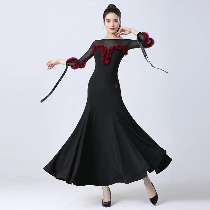 Vêtements de scène 2023 robe de danse de salon femmes élégant noir fête Costumes modernes grande balançoire valse Performance vêtements