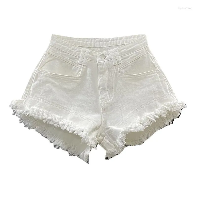 Damen-Shorts, weiß, hoch tailliert, Denim für Damen, mit Fransenkanten, A-Linie, weites Bein, koreanische Hose