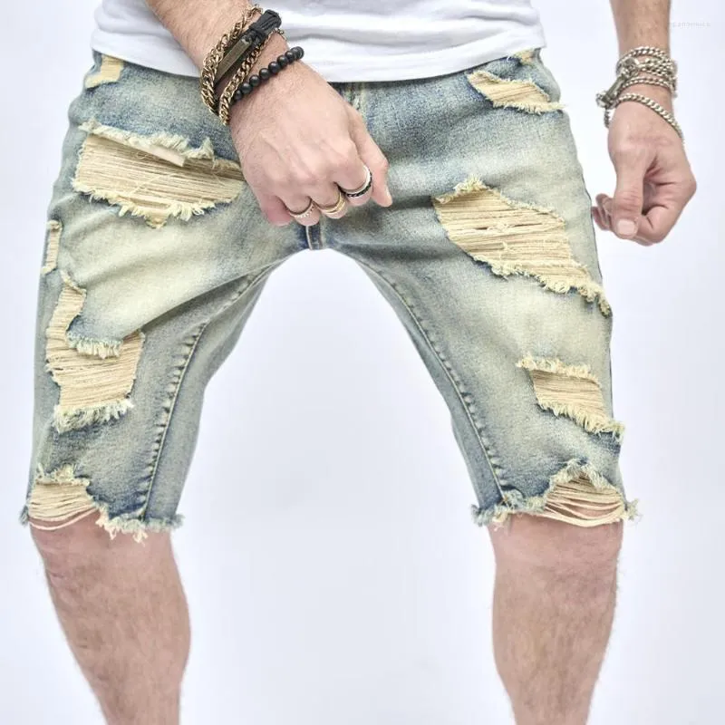 Jeans pour hommes Slim Genou Longueur Crayon Pantalon Rayé Denim À La Mode Jeunesse Déchiré Shorts Streetwear