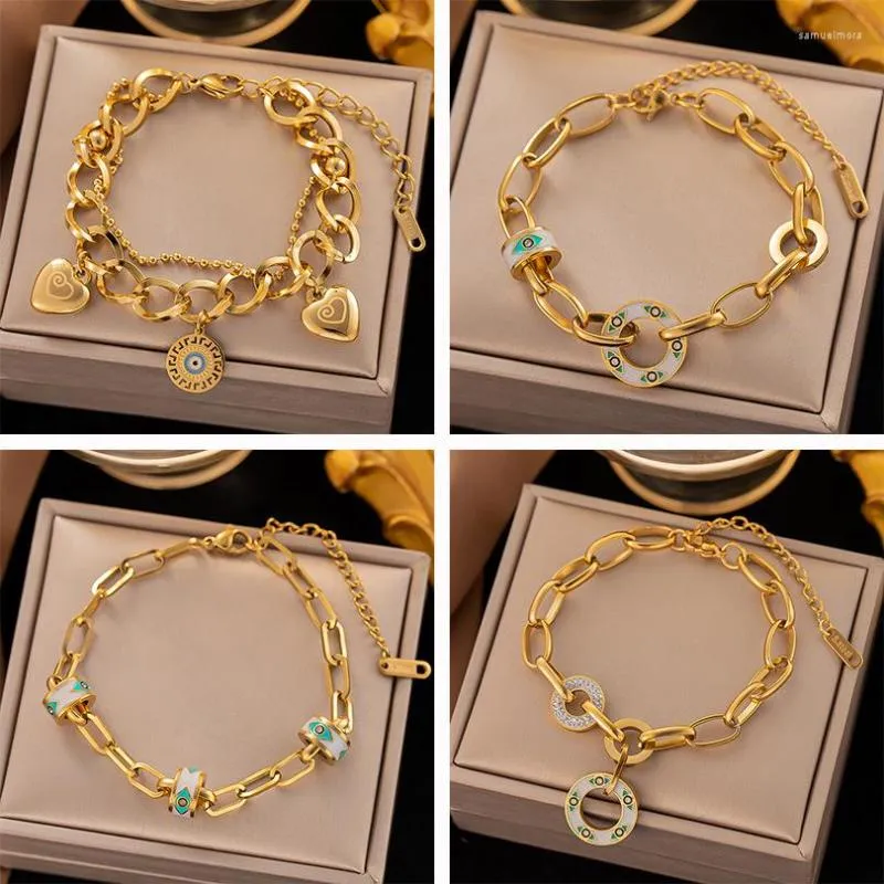 Braccialetti di collegamento Bracciale in acciaio inossidabile 316L color oro multistrato con ciondolo occhio male per le donne Moda ragazze braccialetto gioielli da polso regali