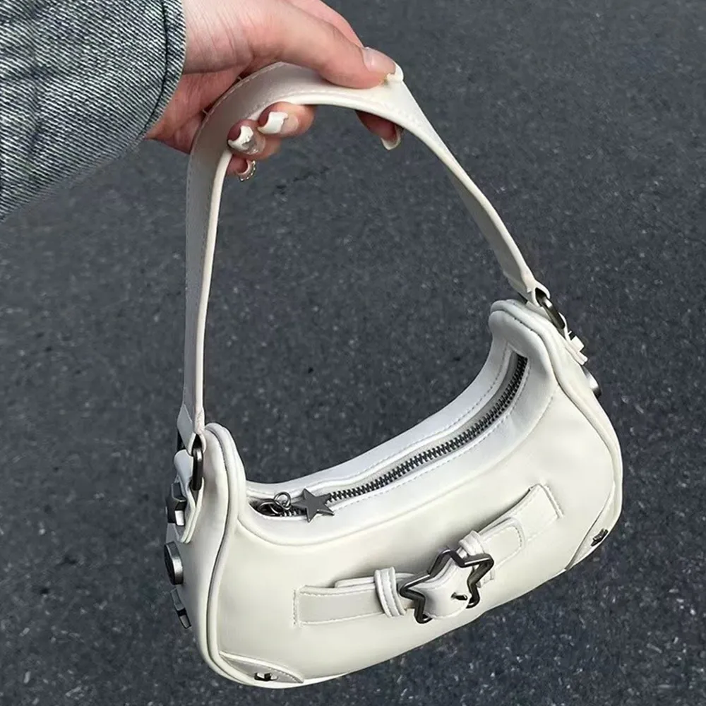 Y2K Vintage Star Shoulder Bag for Women - PU Leather, Denim, Zipper Closure, Underarm, White & Blue Y2K Vintage Star Shoulder Bag for Women - PU Leather, Denim, Zipper Closure, Underarm, White & Blue