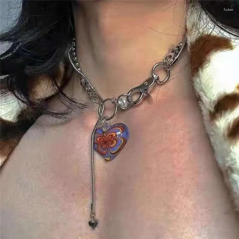 Pendant Necklaces Summer Colored Glaze Temperament Color Painting Love Pearl Titanium Steel Lock Bone Chain Women's Necklace Jewelry