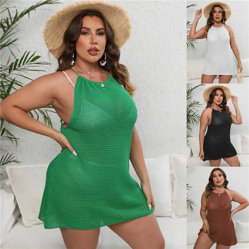 Women's Swimwear High Neck Beach Cover Up For Women Large Size Backless String Knitted Dresses Plus One Piece Cover-ups Green Black 2023 3XL