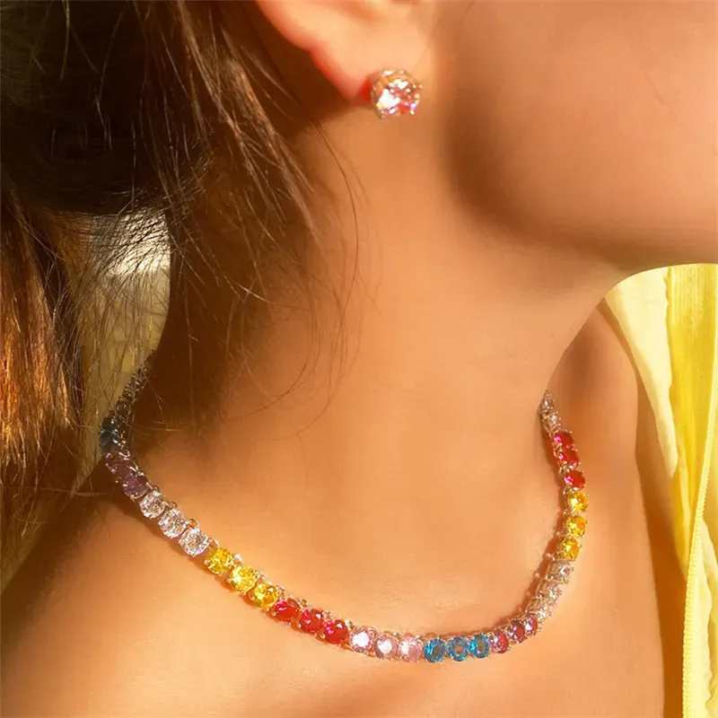 Hiphop Designer Jewelry Set Colorful Tennis Necklace Earring African Jewelry Sets Red White AAA Cubic Zirconia Woman Diamond Earrings Necklaces Party Gift Box