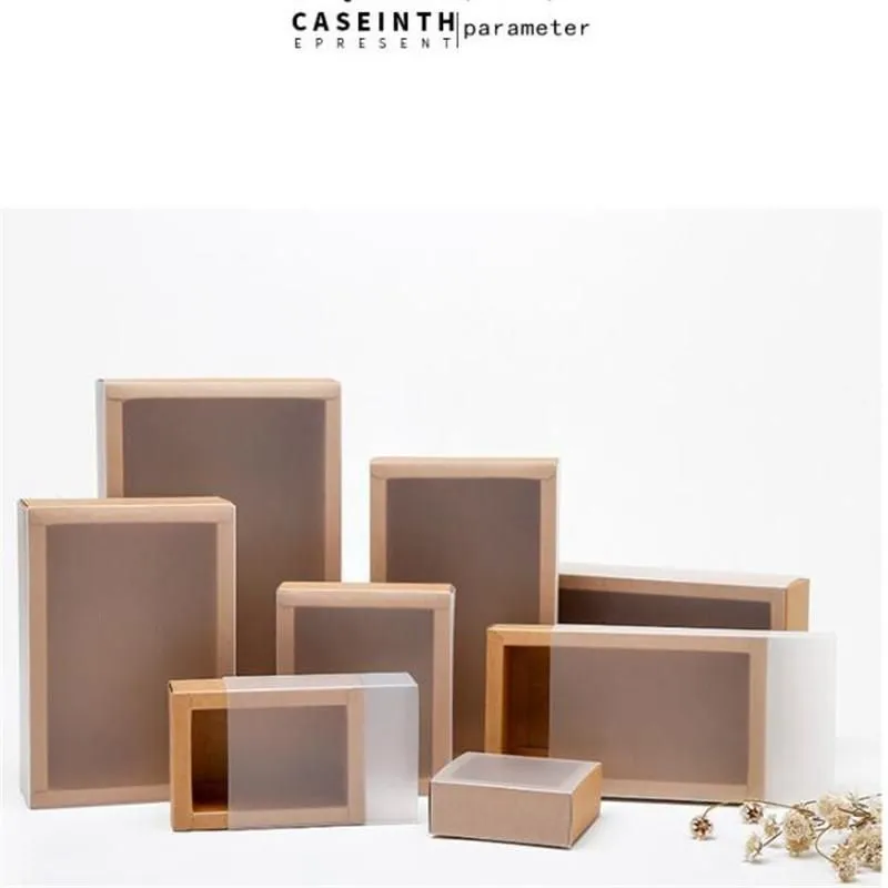 10pcs Kraft Paper Box With Frosted Transparent Cover Drawer Style Cardboard For Doll Packaging Jewelry