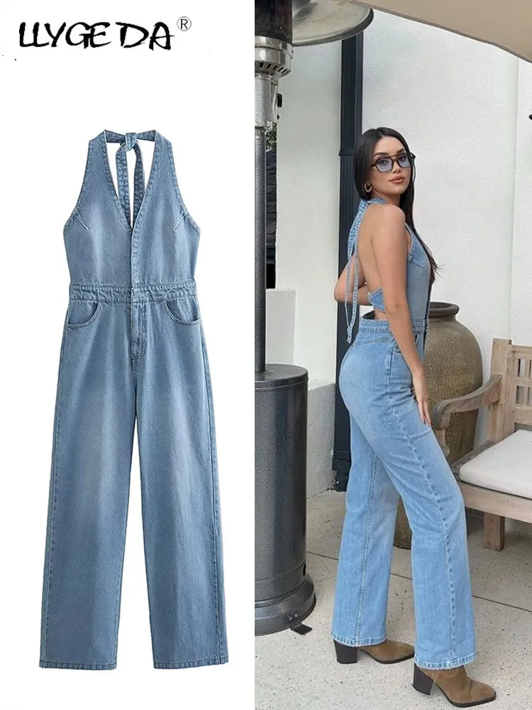 Kvinnors jumpsuits romper denim jumpsuit snörning upp ärmlös kvinnlig jean overalls backless streetwear 2023 mode v nack lady 230803