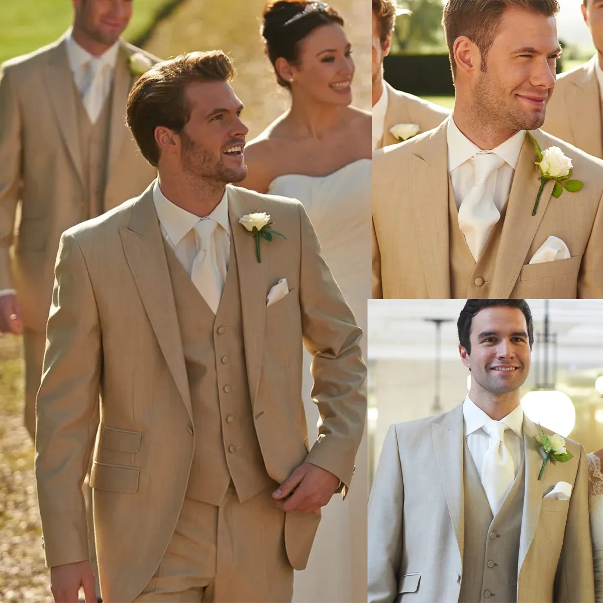 Khaki Wedding Suits For Men Peaked Lapel Groom Wear Tuxedos 3 Pieces (Jacket+Pants+Vest) Business Style Custom Made