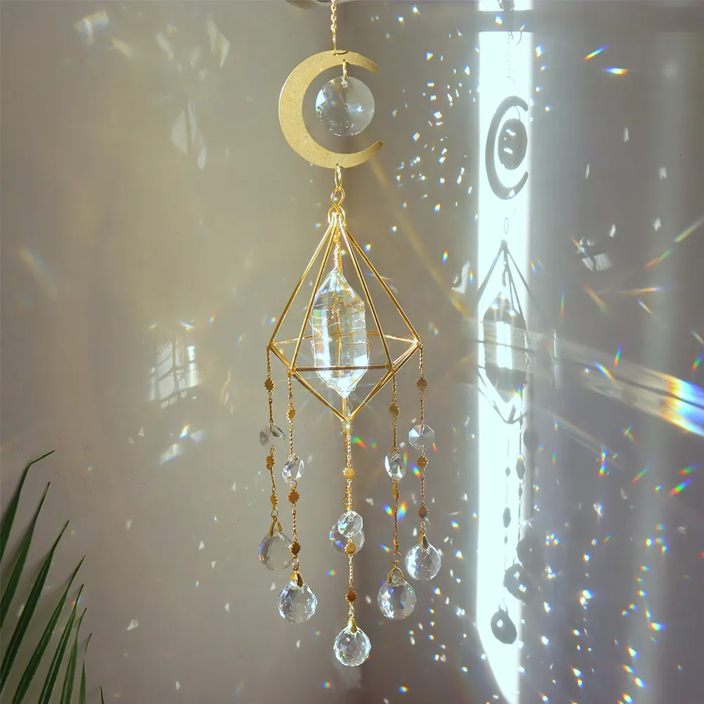 Decorative Objects Figurines Crystal Wind Chime Moon Sun Catcher Windchimes Crystal Hanging Prism Rainbow Maker Sun Light Catcher Pendant Home Garden Decor 230803