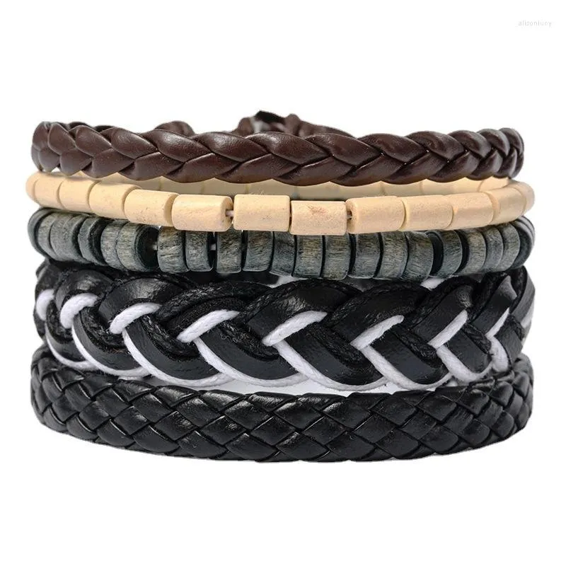 Bracelets à breloques Bracelet en cuir noir vintage pour hommes Bijoux créatifs d'inspiration punk et tissé blanc