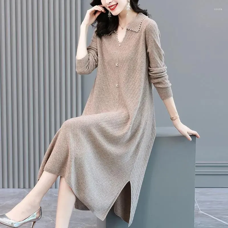 Casual Dresses Westernized Fat Mom Mid Length Autumn/Winter Dress Plus Size Knitted Shirt Middle Aged Female 40 Year Old 50 Sweater Skirt