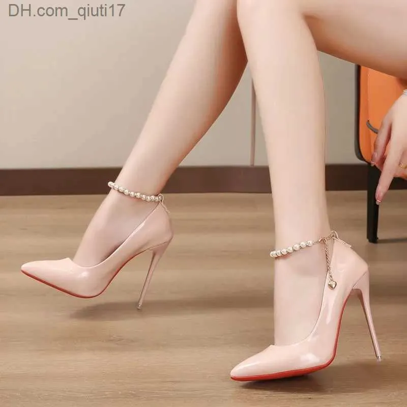 Dress Shoes 12cm High Slim High Heel Pump Women's Shoes Pearl Chain Thong Trousers Shoulder Straps Angle Toe Large Size Patent Leather Office Shoes Z230804