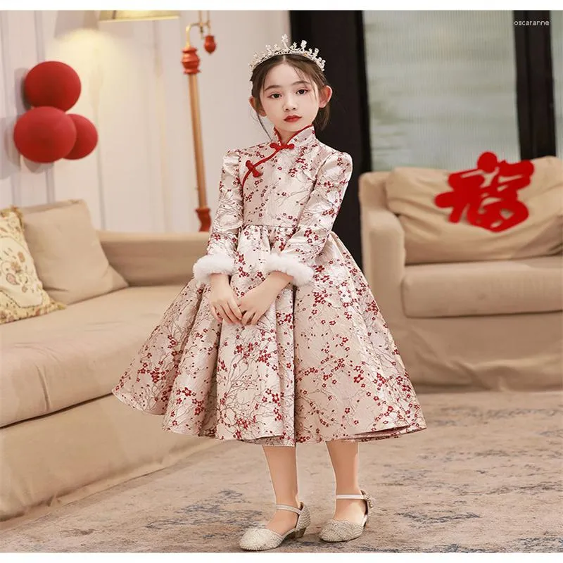 Ethnic Clothing Winter Chinese Style Girl Thick Floral Print Princess Wedding Dresses Long Sleeve Evening Party Ball Gown