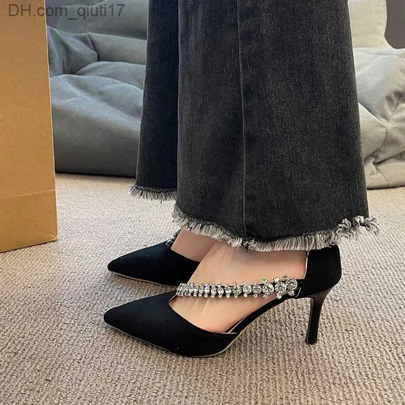 Dress Shoes 2023 New Women's Corner Toe Dress Water Diamond Wedding Party Pump Black Suede Sandals Crystal Embossed High Heels Z230804