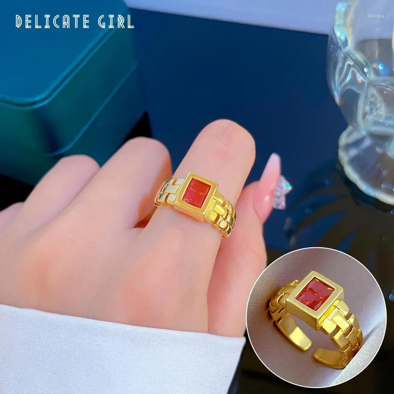 Cluster Rings Wide Open Casual Men Women Ring Red CZ Stone Square