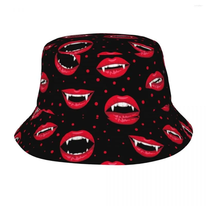 Berets Halloween Red Vampire Lips Bucket Hat Summer Hats Fisherman Foldable Women Men Sunscreen Shade Caps