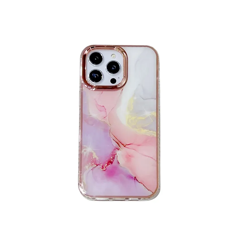 I15 Luxe Placage Marbre Antichoc Cas Pour Iphone 15 Plus 14 Pro Max 13 12 11 X XR XS 8 7 Chromé Galvanisé Dentelle Fleur Doux TPU IMD Pierre Rock Téléphone Couverture Arrière