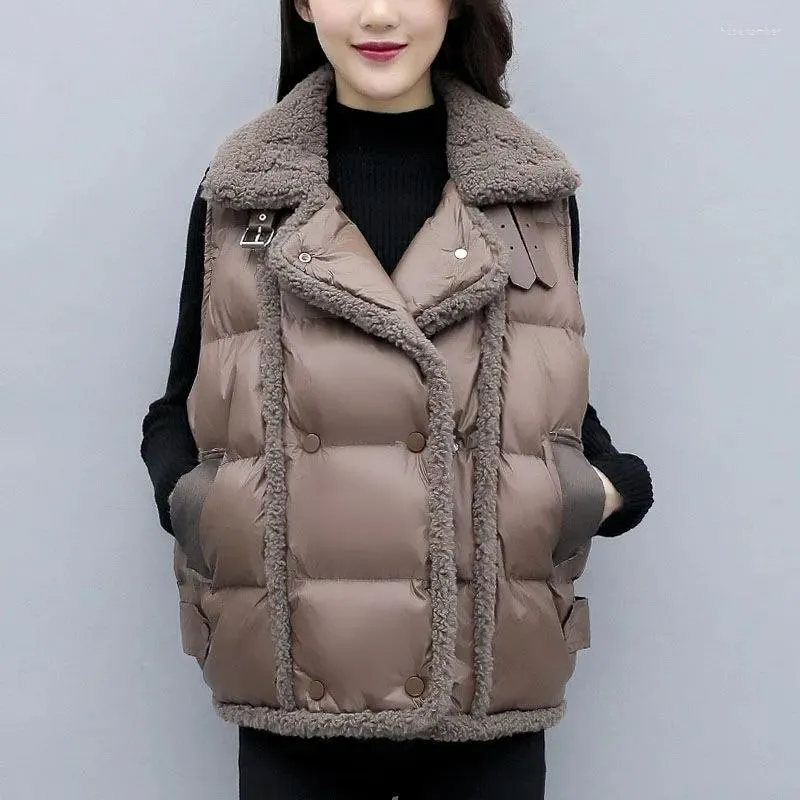 Gilets pour femmes hiver laine d'agneau Patchwork gilet mode coréenne col rabattu coton gilet grande taille femmes lâche sans manches Parkas