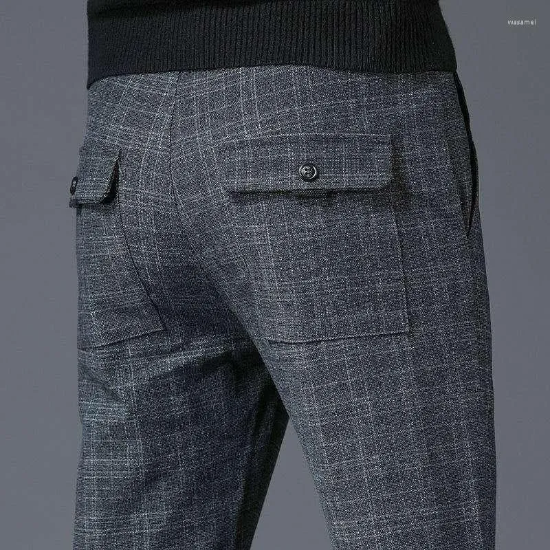 メンズパンツ秋の冬ビジネスカジュアルフリースブリティッシュスタイルの格子縞の男性ストレッチスリムストレートズボン男性韓国