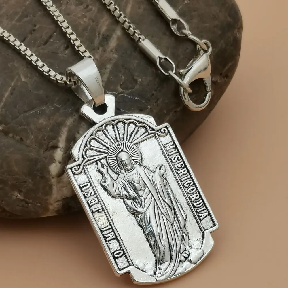 Alloy O MI Jesus MISERICORDIA Pendant Necklace for Men in Silver Catholic Jewelry