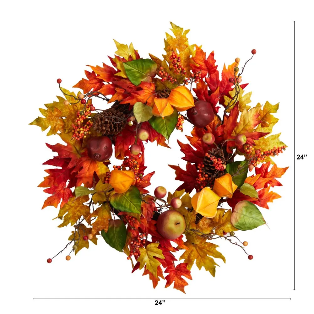 24 Coroa artificial de outono de bordo e bagas de outono, laranja
