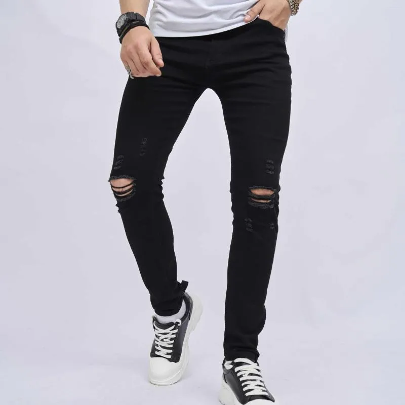 Jeans pour hommes Pure Black Denim Pants High Street Fashion Mens Ripped Jens Slim Small Feet Elastic Male Full Length Streetwear Pantalon