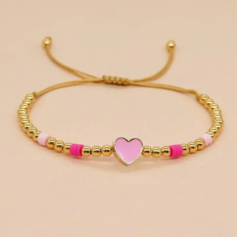 Strand Gold Plated Heart Charm Surfer Armband - Justerbar pärlskada vänskapsmycken för kvinnor och tonåringar Summer Rope Bangle