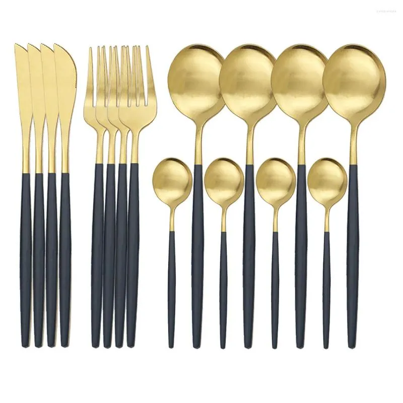 Dinnerware Sets Black Gold 16Pcs Fork Knife Coffee Spoon Cutlery Set 18/10 Stainless Steel Western Kitchen Tableware Dinner