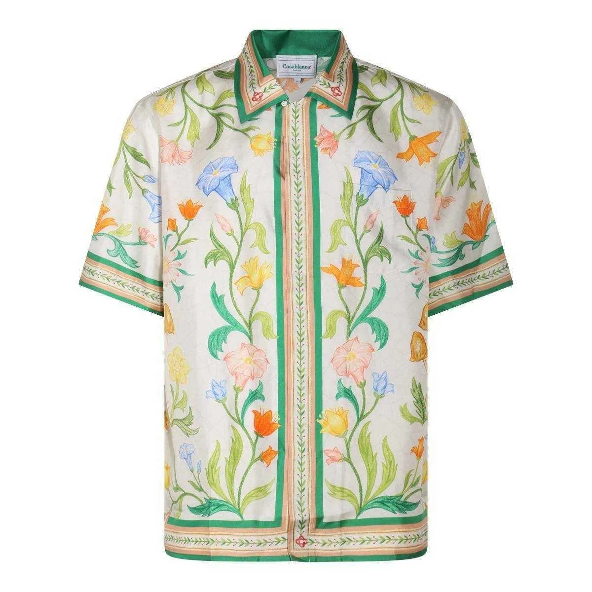 Camisas casuales para hombres Casablanca 23Ss Plantas verdes Flores florales Uni Designer White Twill Silk Camisa de manga corta Drop Delivery Apparel Dhavs
