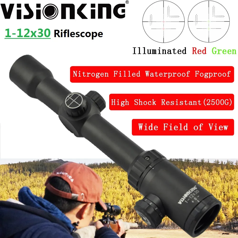 Visionking 1-12x30 Alta resistência ao choque Riflescope Zoom Mil-Dot Caça à prova d'água Iluminado amplo campo de visão Óptica Visão