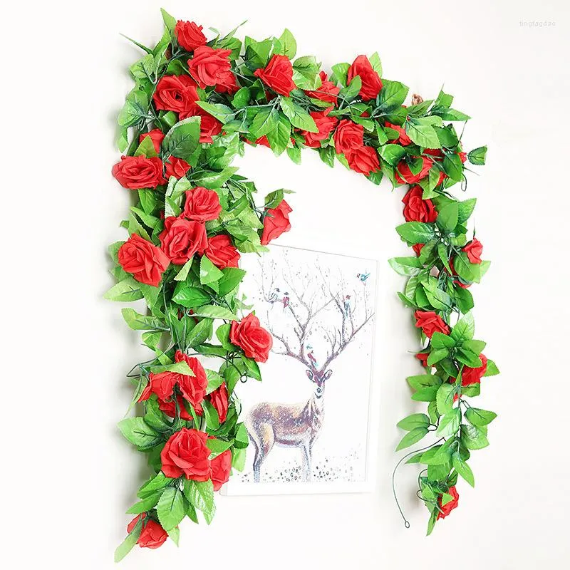 Fleurs décoratives Artificielle Rose Vigne Suspendue Pour Décoration Murale Rotin Faux Plantes Feuilles Guirlande Romantique De Mariage Maison