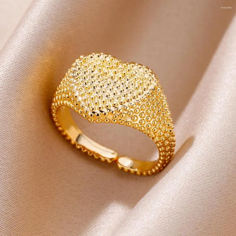 Cluster Anéis Pave Full Beads Heart For Women Men Vintage Gold Color Opening Engagement Wedding Ring Jewelry Unique Couple Gifts Bague