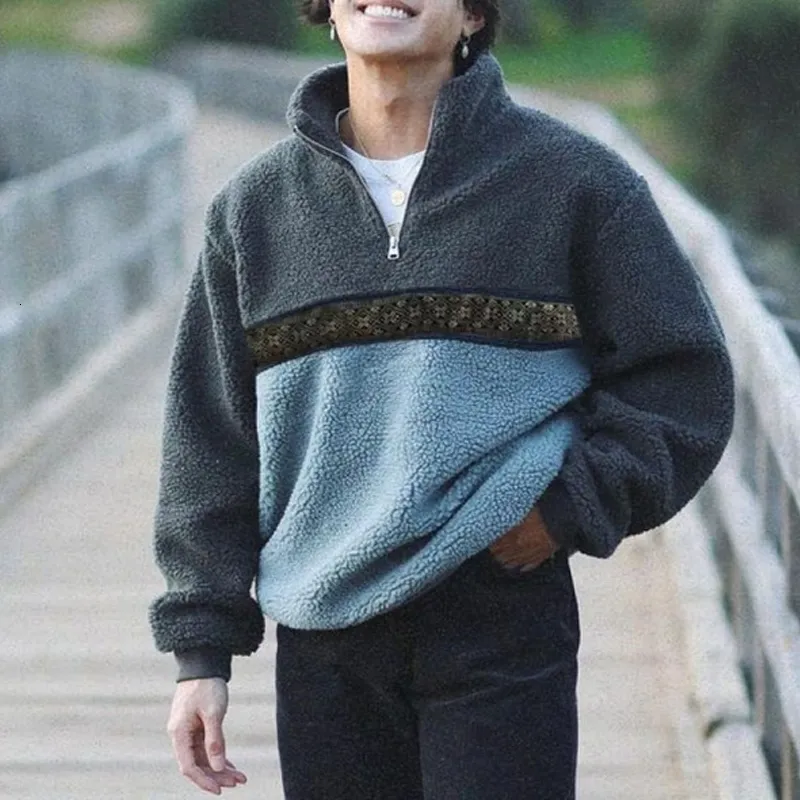 Mens Hoodies Sweatshirts Wool Sweatshirt Men Fashion Stand Collar Zipper Patchwork Fleece For Clothing Casual Loose Long Sleeve Jumpers 230803 From 22 65 DHgate