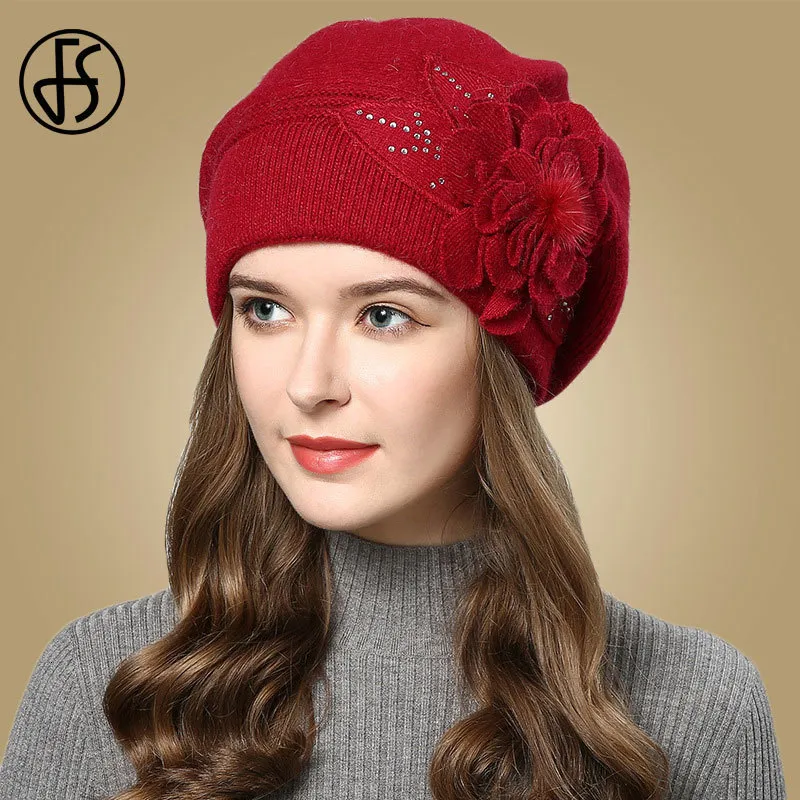 Berets Hats Knitted Wool Beret Hat Winter Flower Warm  display picture 1