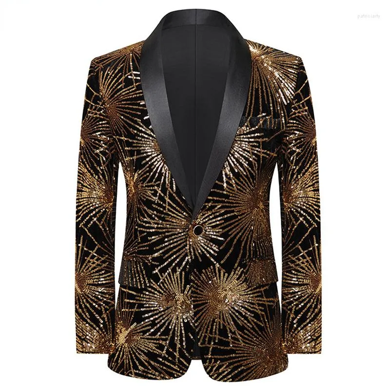 Abiti da uomo Giacca da uomo alla moda in oro con fuochi d'artificio con paillettes e glitter Giacca con un bottone Collo a scialle Slim Fit Blazer Party Prom Stage Costume da sposa