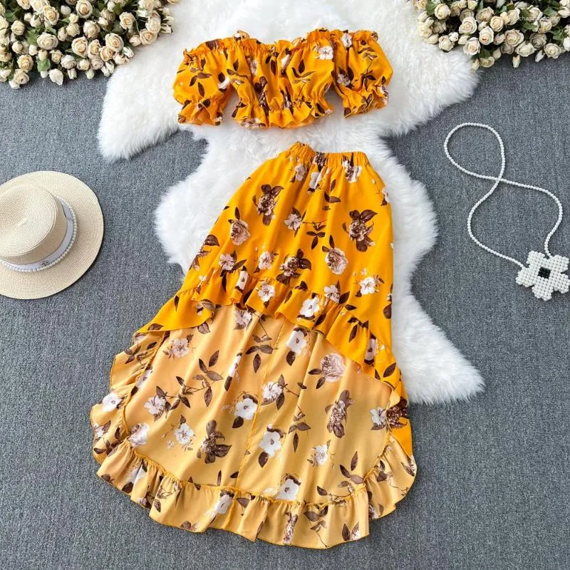 ワークドレスファッション2PCSセット女性服を夏の花柄のスラッシュネックパフ短袖トップAラインエラスティックハイスカート