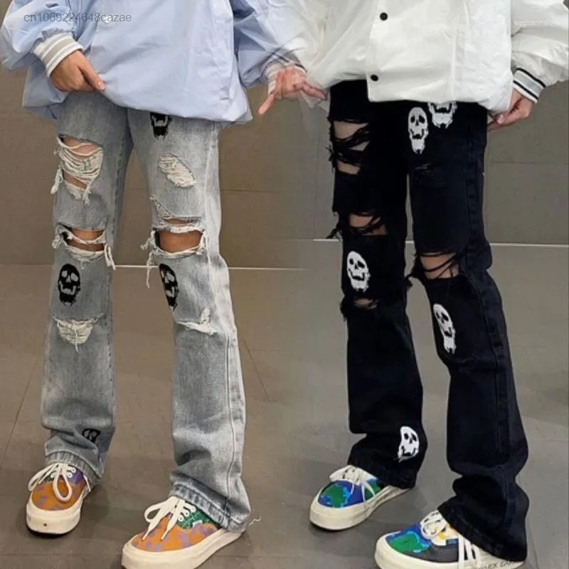 Vrouwen Jeans Aoger Luxe Gescheurde Vrouwen Skelet Print Hip Hop Stijl Mode Flare Broek Y2k Vrouwelijke Amercian Streetwear Trend broek