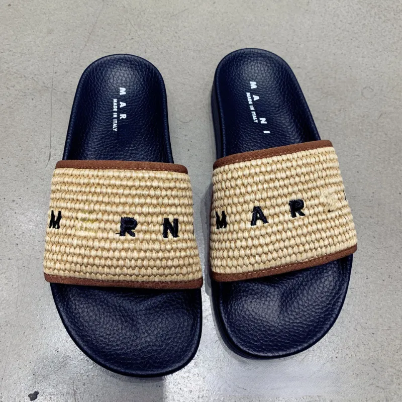 Brand Slippers Lafite Grass Color Contrast Marn Letter Anti-Slip Grass Woven Beach Slippers for Outdoor Wear