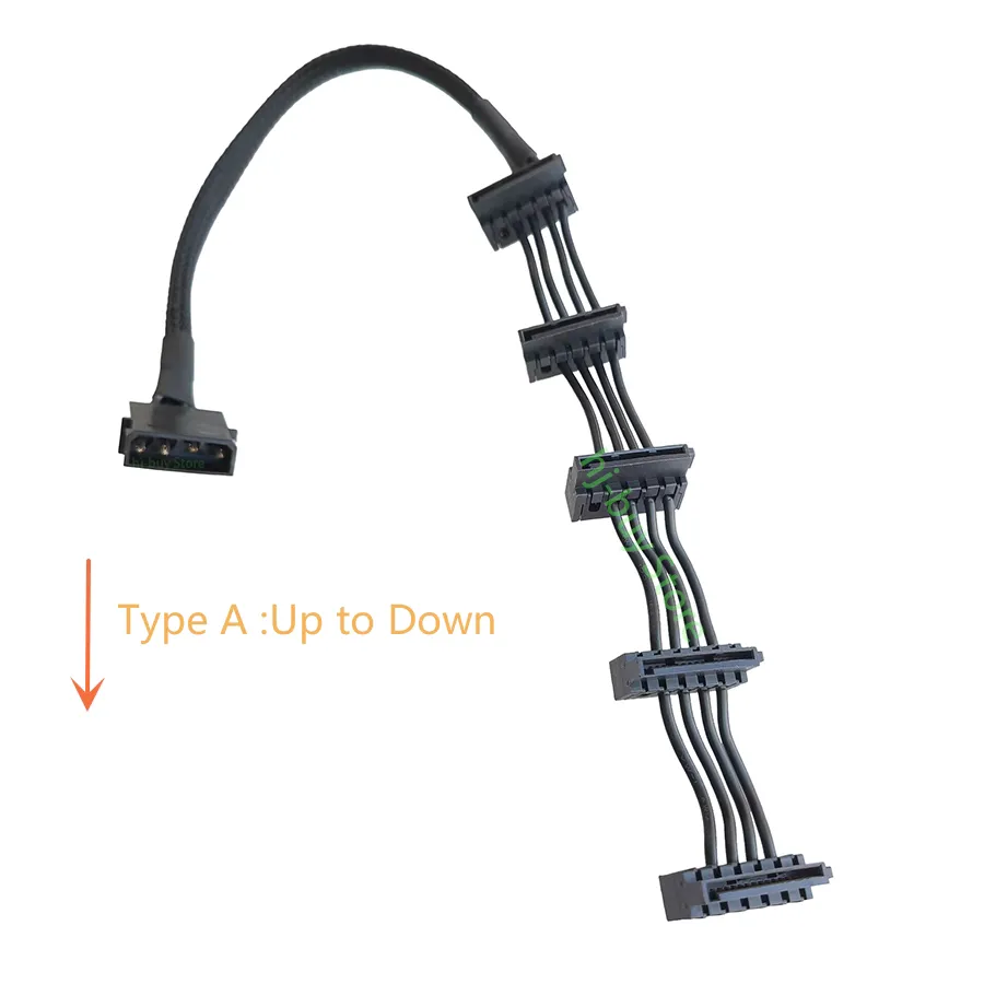 ATX 4Pin 4P IDE Molex to 5 SATA Serial ATA Power Supply Cable Cord Wire For 3.5 2.5 HDD SSD Cage Case CD-ROM 15.7in 40cm Up Dwon