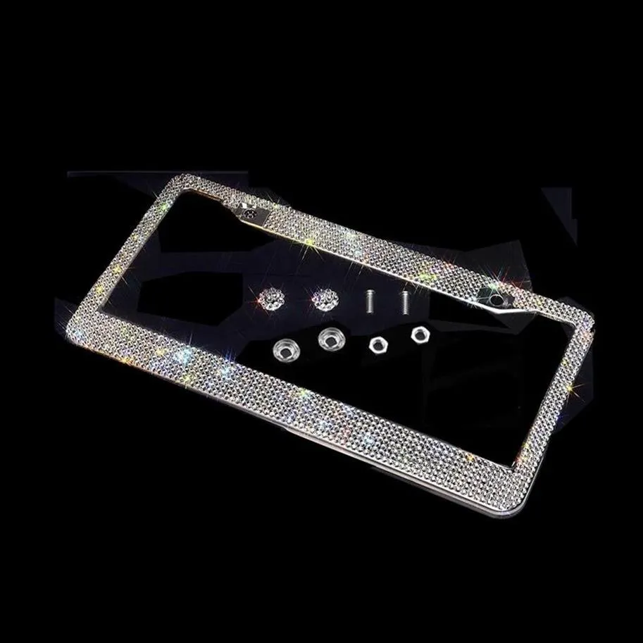 Molduras de placa de licença Moldura de cristal brilhante para mulheres Carro de strass artesanal de luxo com botão de ignição para EUA e Canadá209M