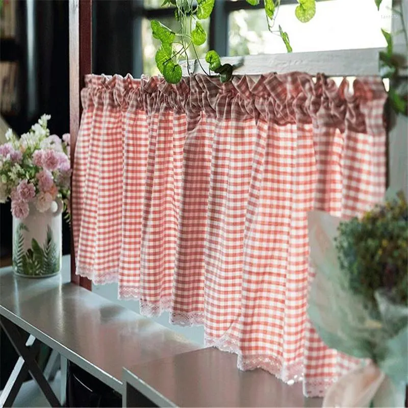 Curtain Pastoral Grid Lace Half Coffee Tea Shades Kitchen Short Small Blinds Home Window Decora Valance Purdanh